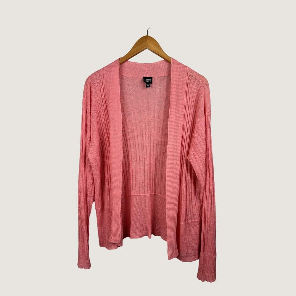 Eileen Fisher Cardigan Womens L Pink Linen Open Front Ribbed Knit Lightweight